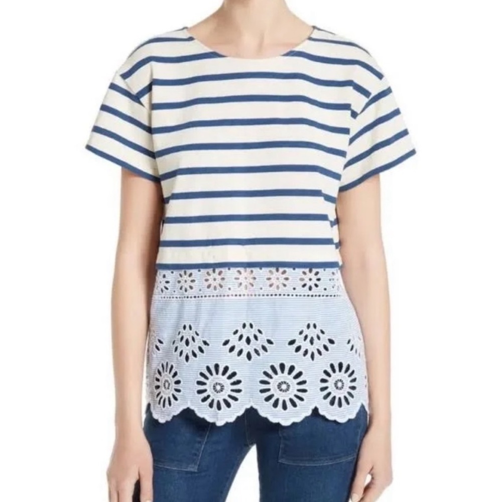 Sea New York White and Blue Striped Eyelet-Hem Top